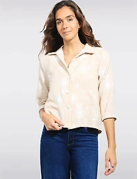 Straight Fit Cropped Floral Embroidery 3/4 Sleeve Button-Down Jacket by Devia
