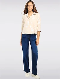 Straight Fit Cropped Floral Embroidery 3/4 Sleeve Button-Down Jacket by Devia