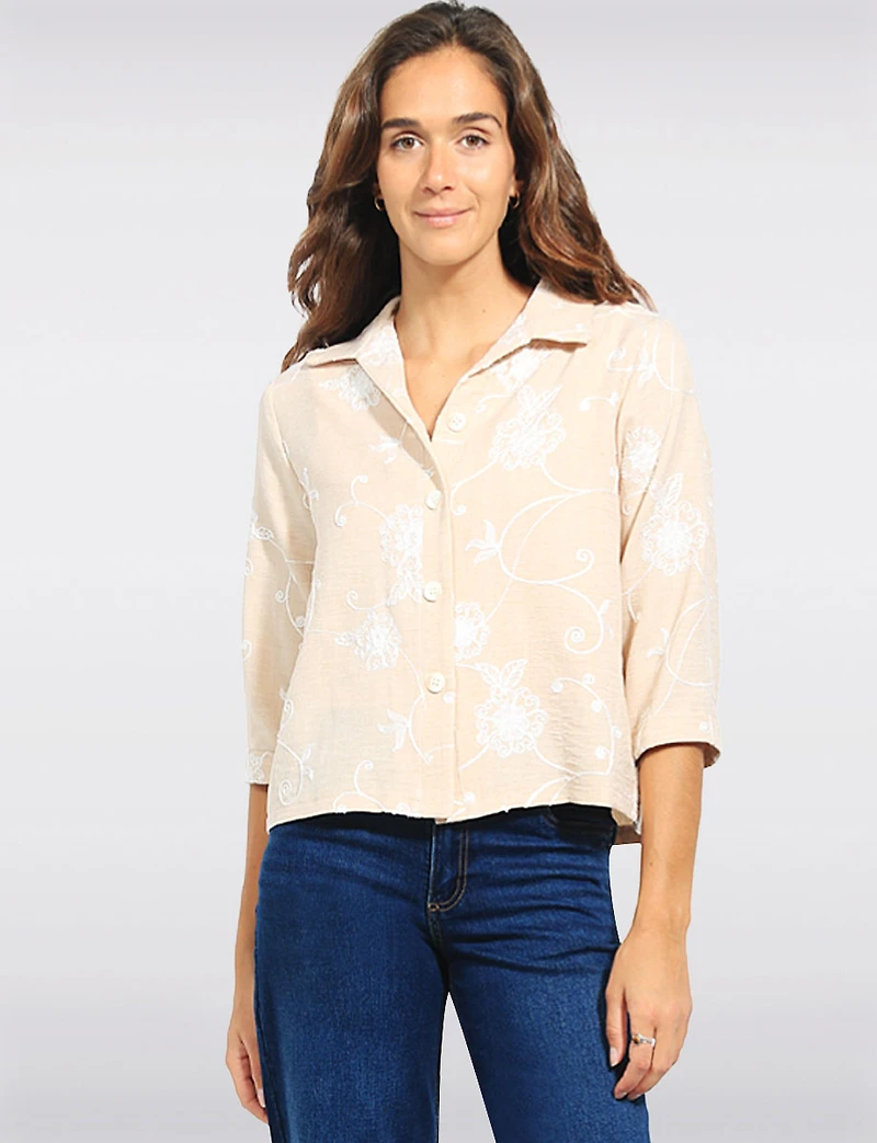 Straight Fit Cropped Floral Embroidery 3/4 Sleeve Button-Down Jacket by Devia