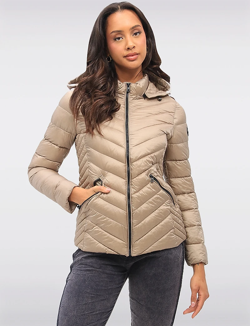 Lightweight Nora Vegan Multi-Quilted Puffer Jacket with Detachable Hood by Saki