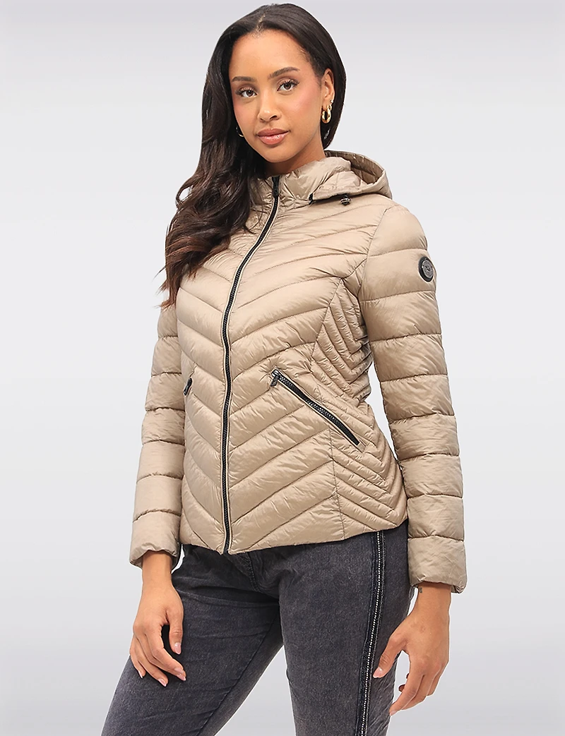 Lightweight Nora Vegan Multi-Quilted Puffer Jacket with Detachable Hood by Saki