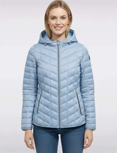 Lightweight Isabella Silver Zip-Front Hooded Vegan Quilted Puffer Jacket by Saki