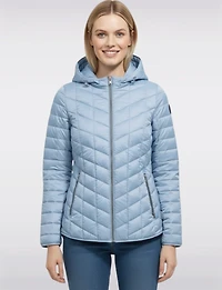Lightweight Isabella Silver Zip-Front Hooded Vegan Quilted Puffer Jacket by Saki