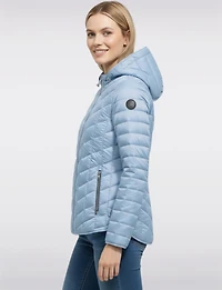 Lightweight Isabella Silver Zip-Front Hooded Vegan Quilted Puffer Jacket by Saki