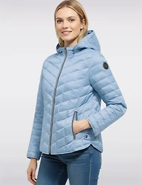 Lightweight Isabella Silver Zip-Front Hooded Vegan Quilted Puffer Jacket by Saki