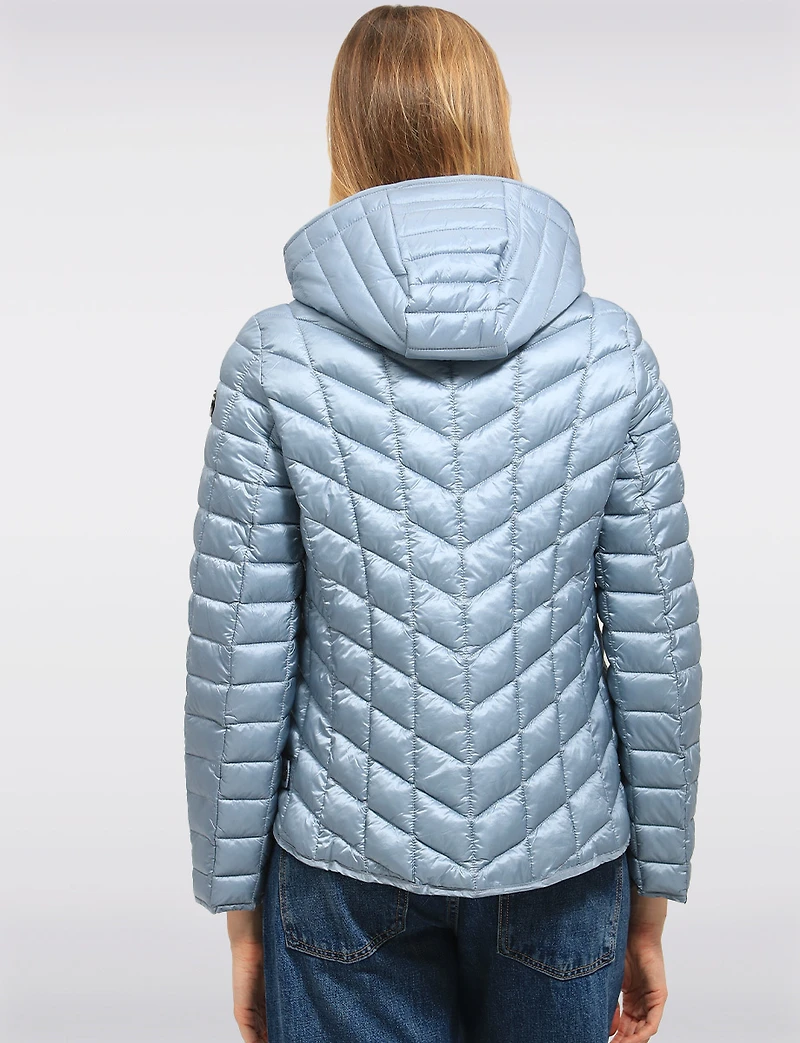 Lightweight Isabella Silver Zip-Front Hooded Vegan Quilted Puffer Jacket by Saki