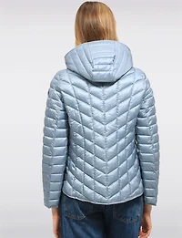Lightweight Isabella Silver Zip-Front Hooded Vegan Quilted Puffer Jacket by Saki