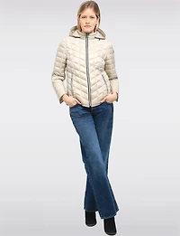 Lightweight Isabella Silver Zip-Front Hooded Vegan Quilted Puffer Jacket by Saki