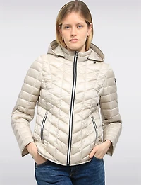 Lightweight Isabella Silver Zip-Front Hooded Vegan Quilted Puffer Jacket by Saki