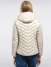 Lightweight Isabella Silver Zip-Front Hooded Vegan Quilted Puffer Jacket by Saki