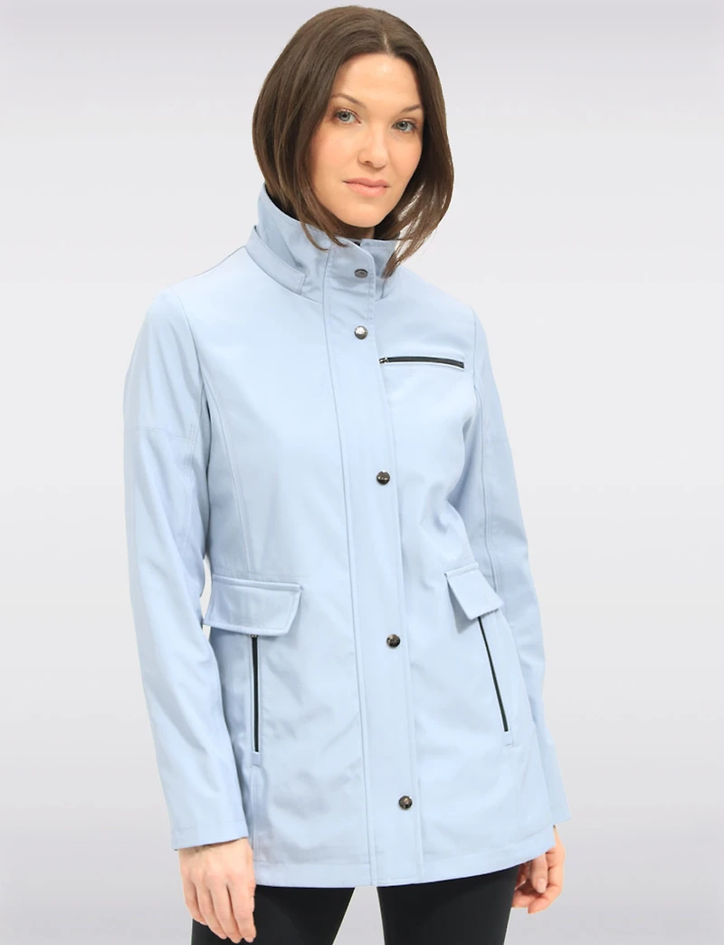 Vegan Breathe-Tech® Straight-Cut Raincoat With Check-Print Trim Detail by Saki