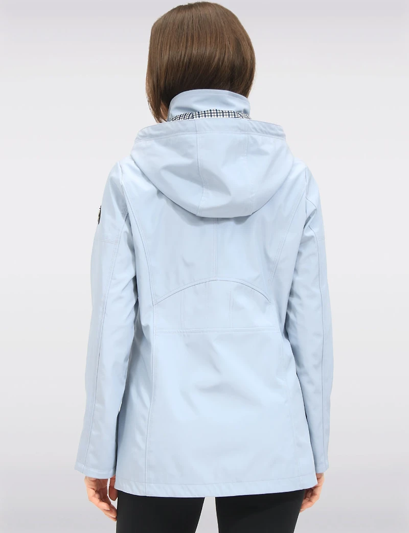 Vegan Breathe-Tech® Straight-Cut Raincoat With Check-Print Trim Detail by Saki