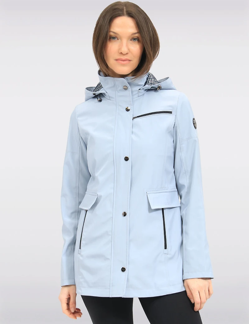 Vegan Breathe-Tech® Straight-Cut Raincoat With Check-Print Trim Detail by Saki