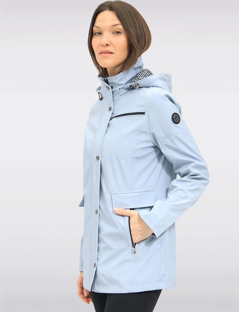 Vegan Breathe-Tech® Straight-Cut Raincoat With Check-Print Trim Detail by Saki
