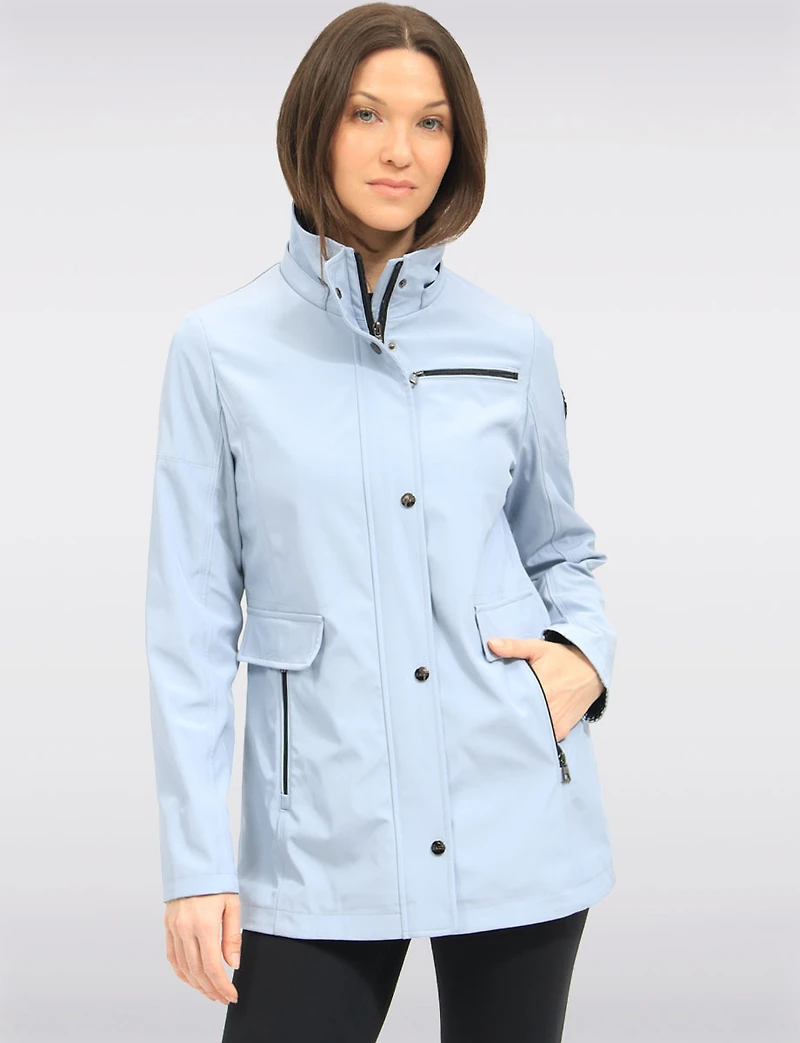 Vegan Breathe-Tech® Straight-Cut Raincoat With Check-Print Trim Detail by Saki