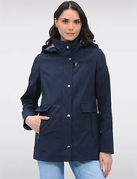 Vegan Breathe-Tech® Straight-Cut Raincoat With Check-Print Trim Detail by Saki