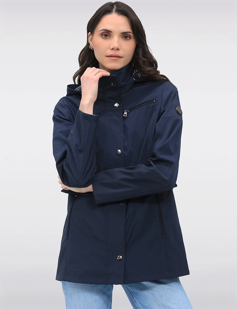 Vegan Breathe-Tech® Straight-Cut Raincoat With Check-Print Trim Detail by Saki