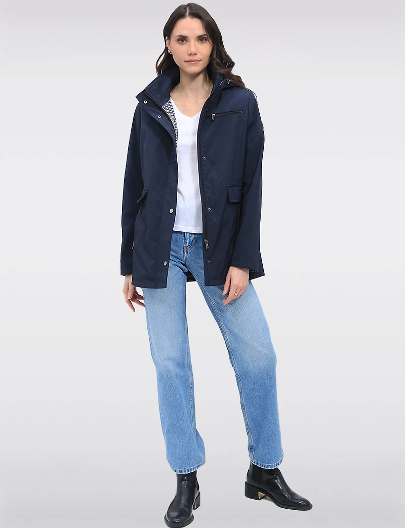 Vegan Breathe-Tech® Straight-Cut Raincoat With Check-Print Trim Detail by Saki