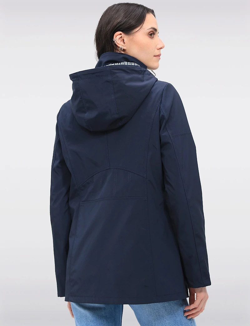 Vegan Breathe-Tech® Straight-Cut Raincoat With Check-Print Trim Detail by Saki