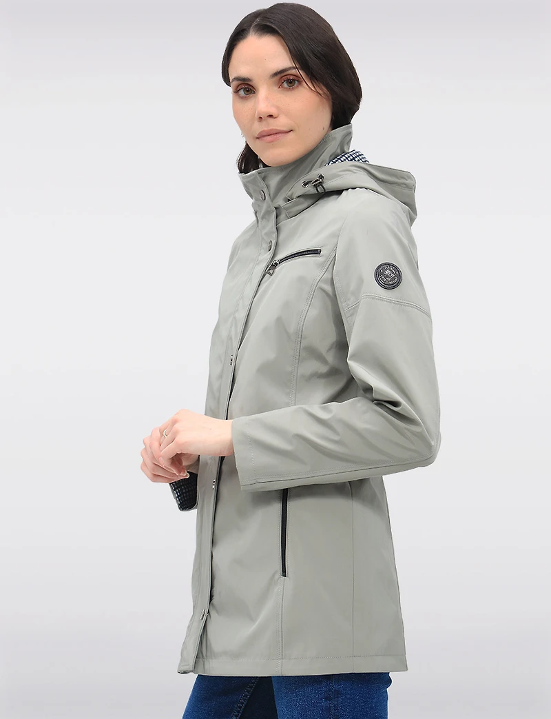 Vegan Breathe-Tech® Straight-Cut Raincoat With Check-Print Trim Detail by Saki