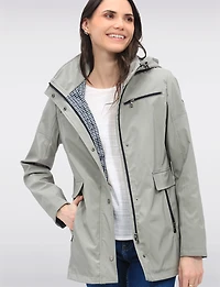 Vegan Breathe-Tech® Straight-Cut Raincoat With Check-Print Trim Detail by Saki