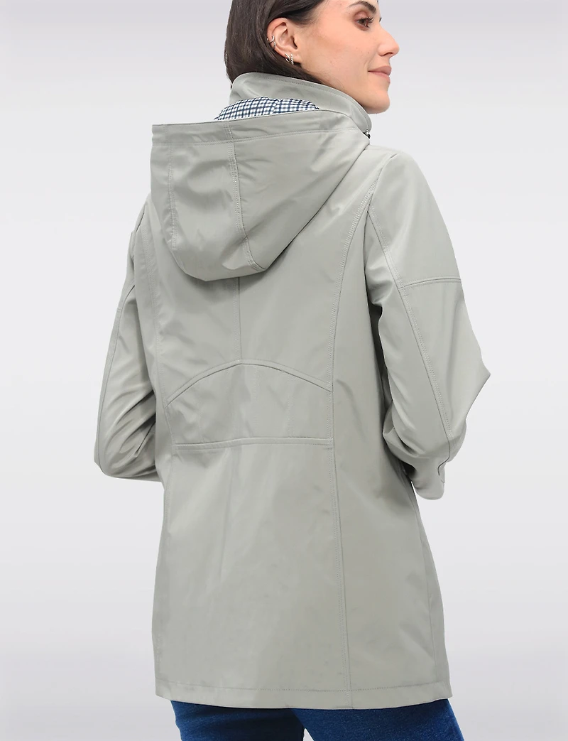 Vegan Breathe-Tech® Straight-Cut Raincoat With Check-Print Trim Detail by Saki