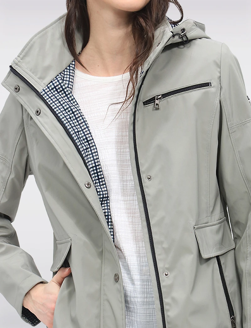 Vegan Breathe-Tech® Straight-Cut Raincoat With Check-Print Trim Detail by Saki