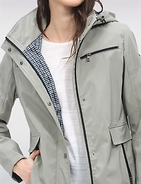 Vegan Breathe-Tech® Straight-Cut Raincoat With Check-Print Trim Detail by Saki
