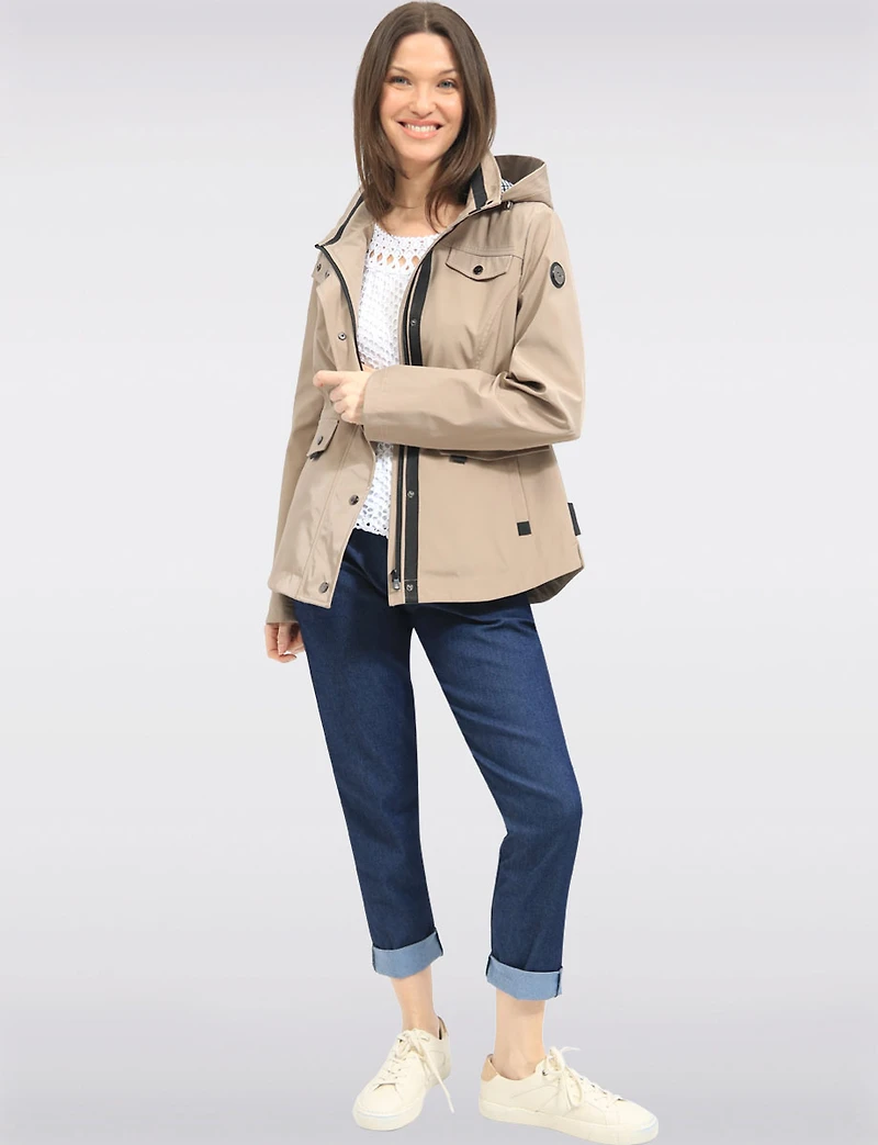 Chic Vegan Breathe-Tech® Short Raincoat Parka with Removable Hood by Saki
