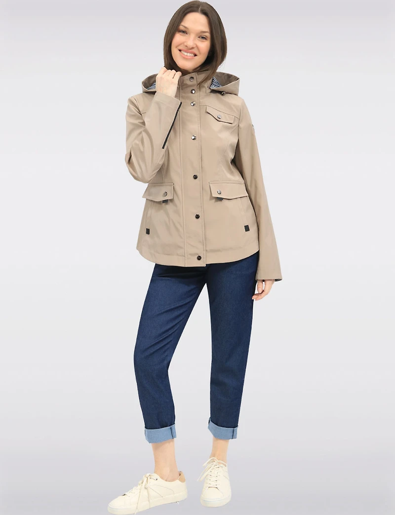 Chic Vegan Breathe-Tech® Short Raincoat Parka with Removable Hood by Saki