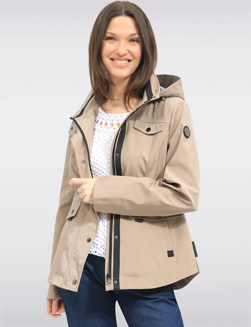 Chic Vegan Breathe-Tech® Short Raincoat Parka with Removable Hood by Saki