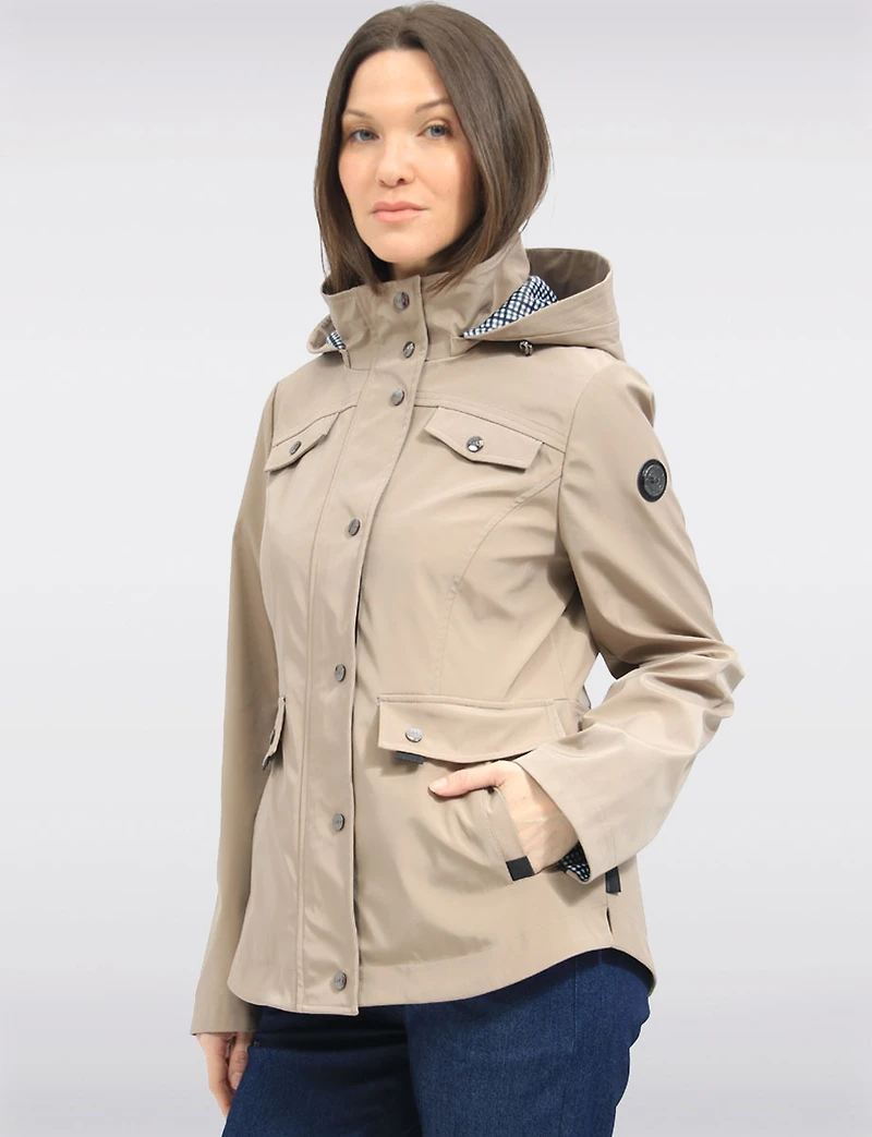 Chic Vegan Breathe-Tech® Short Raincoat Parka with Removable Hood by Saki