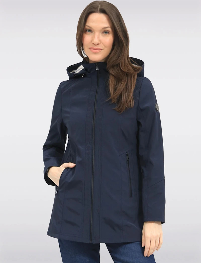Vegan Breathe-Tech® Long Straight-Cut Raincoat with Removable Hood by Saki