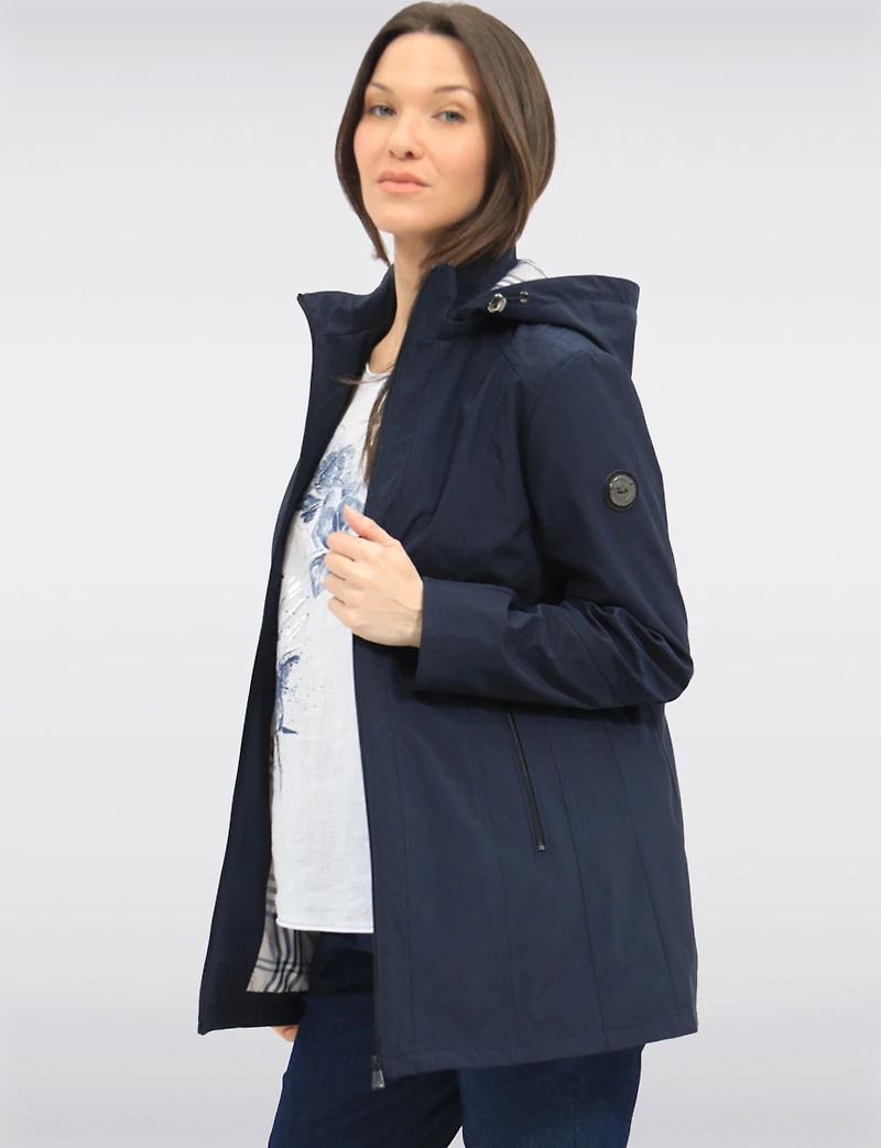 Vegan Breathe-Tech® Long Straight-Cut Raincoat with Removable Hood by Saki