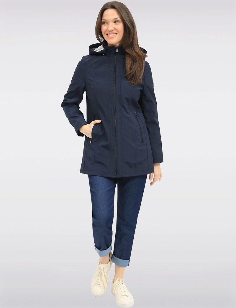 Vegan Breathe-Tech® Long Straight-Cut Raincoat with Removable Hood by Saki