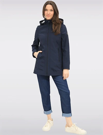 Vegan Breathe-Tech® Long Straight-Cut Raincoat with Removable Hood by Saki