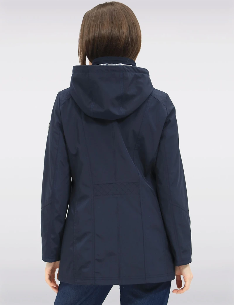 Vegan Breathe-Tech® Long Straight-Cut Raincoat with Removable Hood by Saki