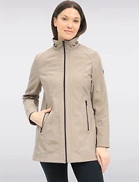 Vegan Breathe-Tech® Long Straight-Cut Raincoat with Removable Hood by Saki