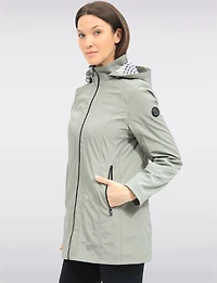 Vegan Breathe-Tech® Long Straight-Cut Raincoat with Removable Hood by Saki