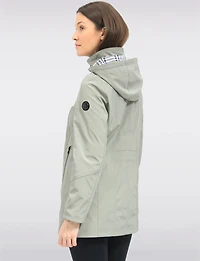Vegan Breathe-Tech® Long Straight-Cut Raincoat with Removable Hood by Saki