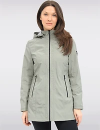 Vegan Breathe-Tech® Long Straight-Cut Raincoat with Removable Hood by Saki