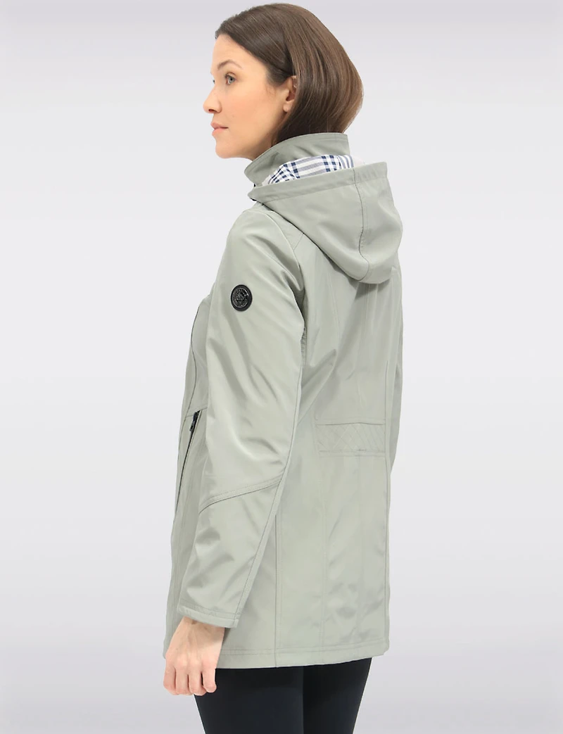 Vegan Breathe-Tech® Long Straight-Cut Raincoat with Removable Hood by Saki