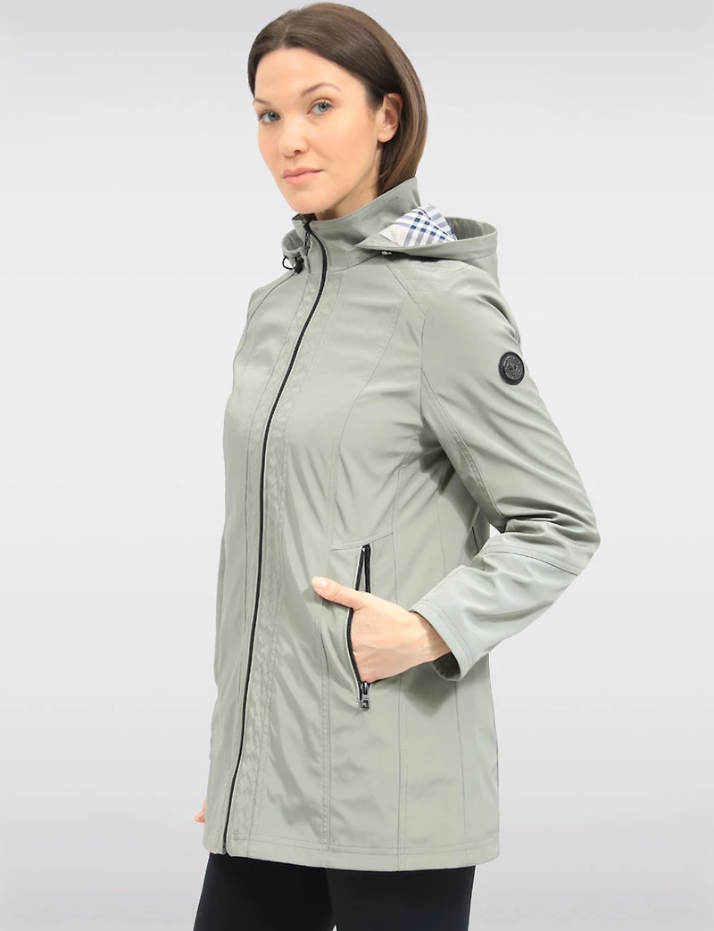 Vegan Breathe-Tech® Long Straight-Cut Raincoat with Removable Hood by Saki