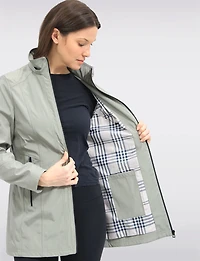 Vegan Breathe-Tech® Long Straight-Cut Raincoat with Removable Hood by Saki