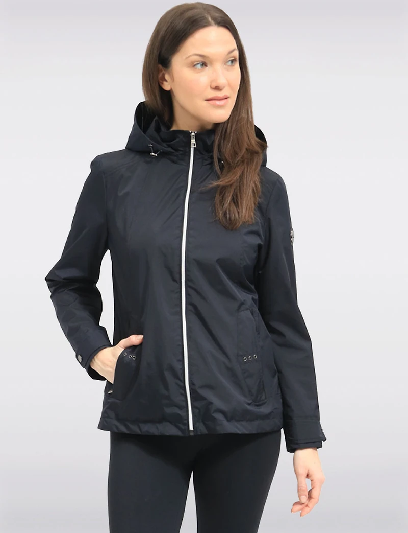 Vegan Breathe-Tech® Short Straight-Cut Fit Raincoat with Zip-Off Hood by Saki