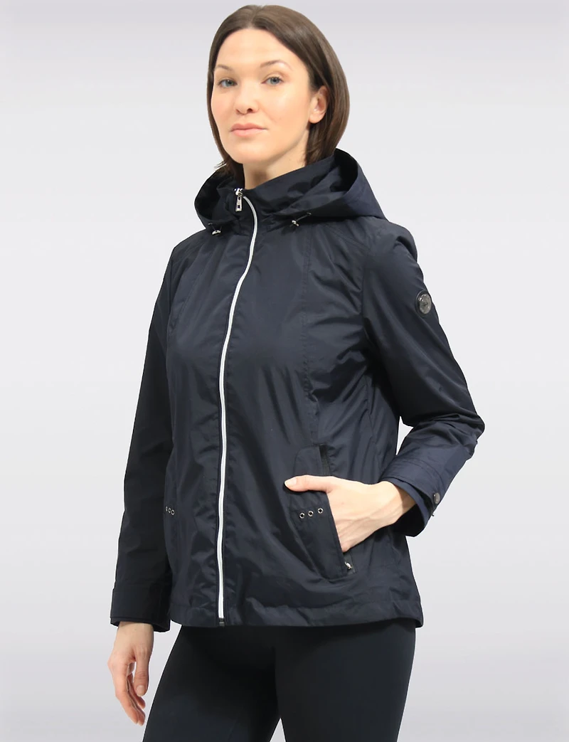 Vegan Breathe-Tech® Short Straight-Cut Fit Raincoat with Zip-Off Hood by Saki