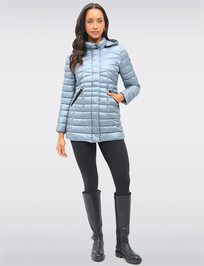 Lightweight Cornelia Vegan Quilted Long Puffer Jacket with Zip-Off Hood by Saki