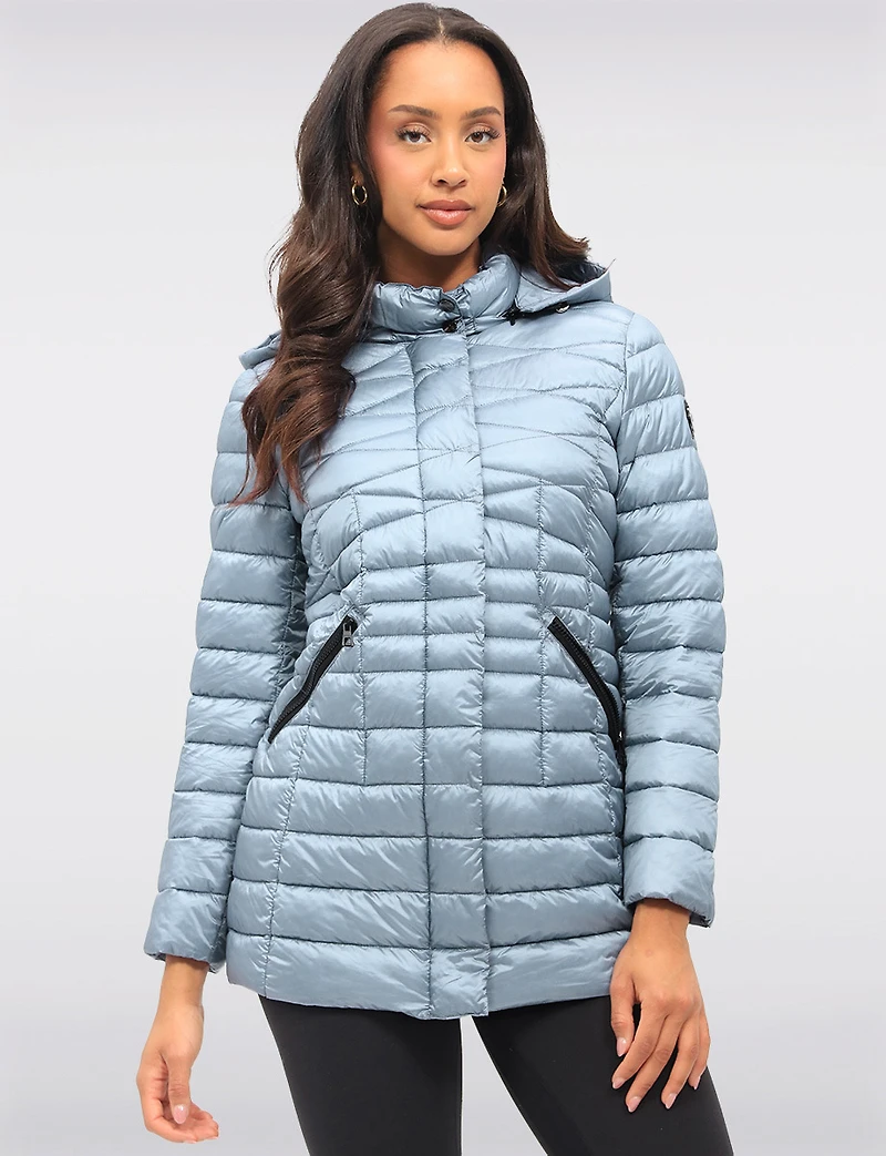 Lightweight Cornelia Vegan Quilted Long Puffer Jacket with Zip-Off Hood by Saki
