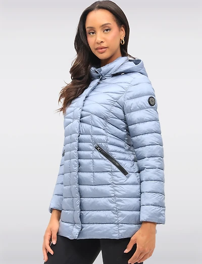 Lightweight Cornelia Vegan Quilted Long Puffer Jacket with Zip-Off Hood by Saki