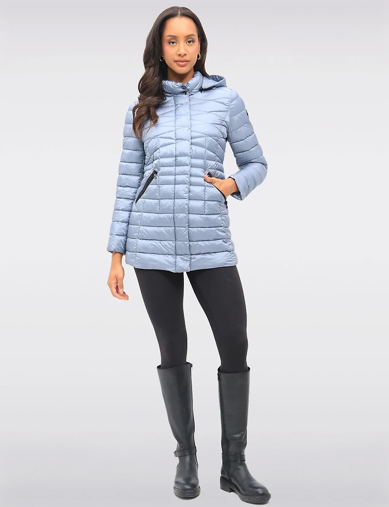 Lightweight Cornelia Vegan Quilted Long Puffer Jacket with Zip-Off Hood by Saki